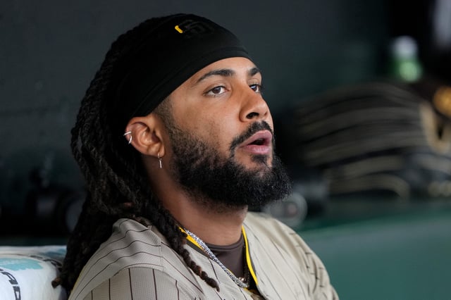 SAN FRANCISCO, CALIFORNIA - AUGUST 12: Fernando Tatis Jr. #23 of the San Diego Padres looks on from the dugout against the San Francisco Giants in the top of the first inning of a major league baseball game at Oracle Park on August 12, 2025 in San Francisco, California. (Photo by Thearon W. Henderson/Getty Images)
