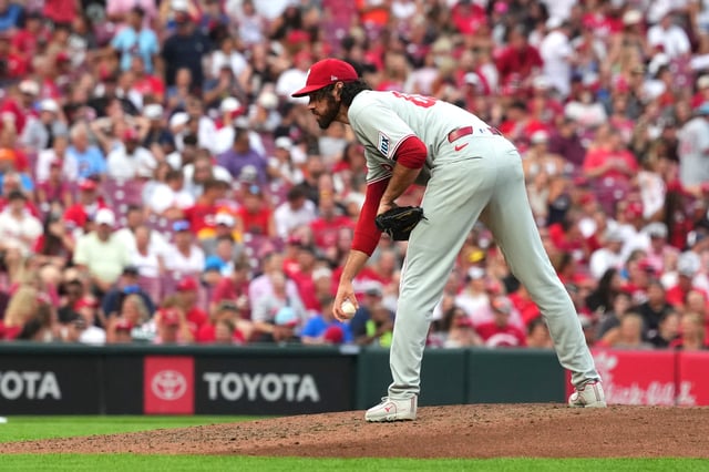CINCINNATI, OHIO - AUGUST 11: Jordan Romano #68 of the Philadelphia Phillies seen in action during the game against the Cincinnati Reds at Great American Ball Park on August 11, 2025 in Cincinnati, Ohio.