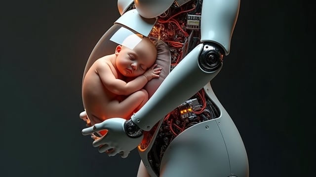AI generated pregnant humanoid robot concept image.