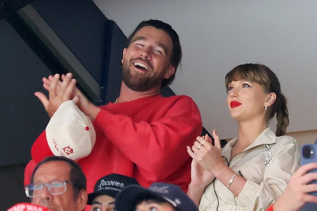 SUNRISE, FLORIDA - JUNE 12: Travis Kelce, left, and Taylor Swift react as the Edmonton Oilers and the Florida Panthers play during the first period in Game Four of the 2025 Stanley Cup Final at Amerant Bank Arena on June 12, 2025 in Sunrise, Florida.