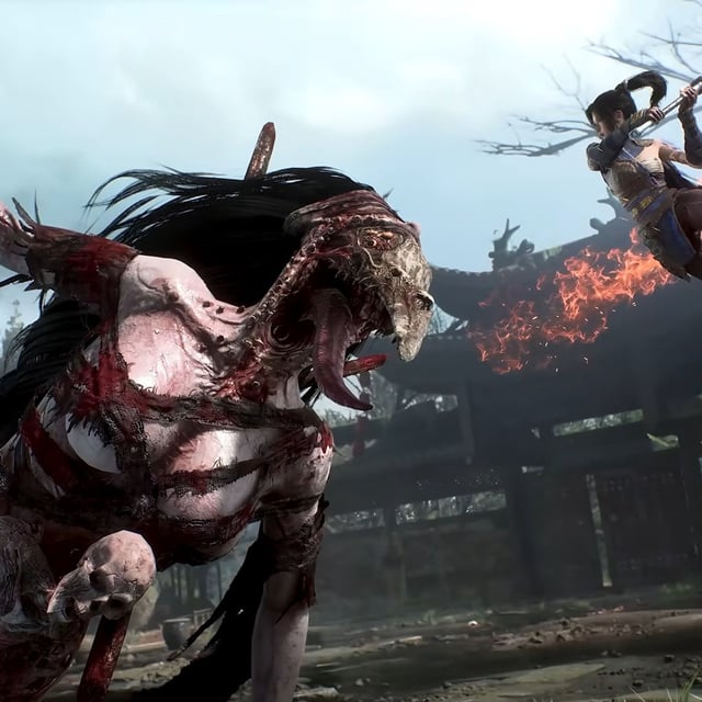 Launch trailer screenshot of the player fighting a giant monster in Wuchang: Fallen Feathers