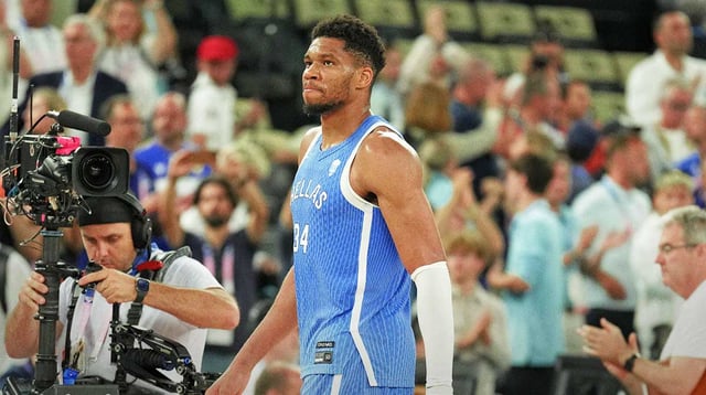 Greece small forward Giannis Antetokounmpo (34) reacts after their loss against Germany during a menís basketball quarterfinal game during the Paris 2024 Olympic Summer Games at Accor Arena