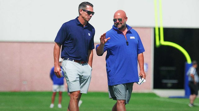 Jul 23, 2025; East Rutherford, NJ, USA; New York Giants general manager Joe Schoen and head coach Brian Daboll talk during training camp at Quest Diagnostics Training Center. Mandatory Credit: Vincent Carchietta-Imagn Images.