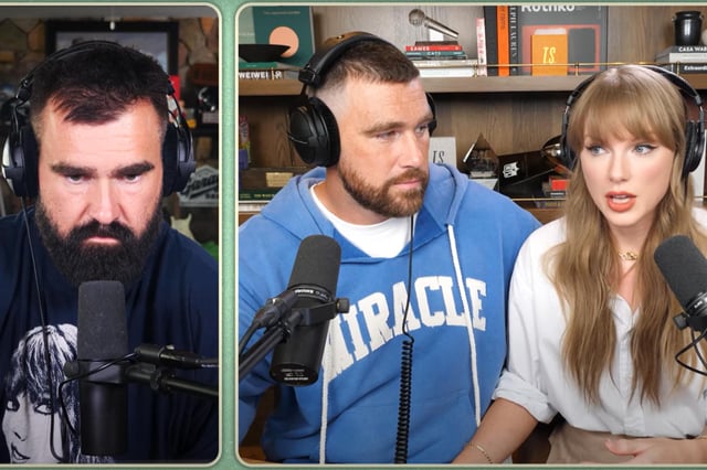 (L-R) Jason Kelce, Travis Kelce and Taylor Swift during Wednesday&#39;s &#34;New Heights&#34; podcast episode.
