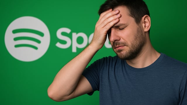 Mann hält sich genervt die Hand vors Gesicht, im HIntergrund das Spotify-Logo