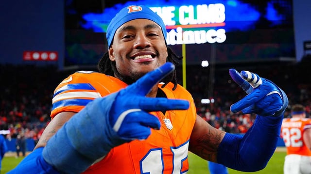Jan 5, 2025; Denver, Colorado, USA; Denver Broncos linebacker Nik Bonitto (15) following the win against the Kansas City Chiefs at Empower Field at Mile High. Mandatory Credit: Ron Chenoy-Imagn Images
