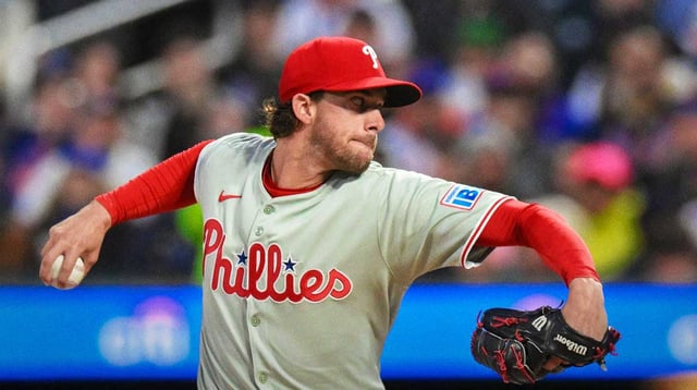 Apr 21, 2025; New York City, New York, USA; Philadelphia Phillies pitcher Aaron Nola (27) pitches against the New York Mets during the first inning at Citi Field. Mandatory Credit: John Jones-Imagn Images