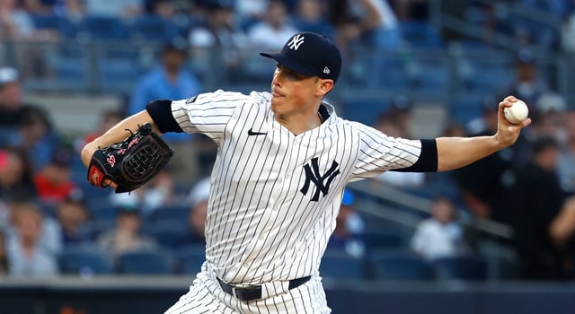 New York Yankees pitcher Ryan Yarbrough (33) throws against the Boston Red Sox during the first inning of a baseball game, Saturday, June 7, 2025, in New York. (AP Photo/Noah K. Murray)