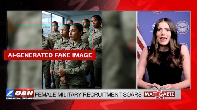 OAN ran four AI-generated images of female soldiers during a segment on an alleged increase in military recruitment of women. CNN has added a label indicating the images were AI-generated.