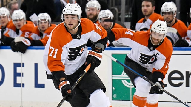 Apr 9, 2025; New York, New York, USA; Philadelphia Flyers right wing Tyson Foerster (71) skates with the puck against the New York Rangers during the first period at Madison Square Garden. Mandatory Credit: Dennis Schneidler-Imagn Images
