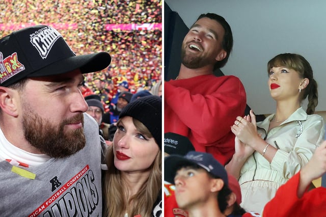 Travis Kelce of the Kansas City Chiefs celebrates with Taylor Swift after the AFC Championship NFL football game against the Buffalo Bills at GEHA Field at Arrowhead Stadium on January 26, 2025 in Kansas City, Missouri; and Travis Kelce and Taylor Swift react as the Edmonton Oilers and the Florida Panthers play during the first period in Game Four of the 2025 Stanley Cup Final at Amerant Bank Arena on June 12, 2025 in Sunrise, Florida.