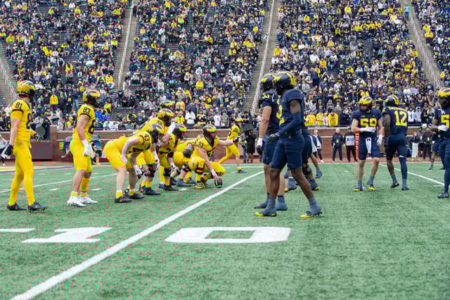 Wolverines teammates face off against one another in Michigan's annual Maize vs. Blue spring game at Michigan Stadium in Ann Arbor on April 19.