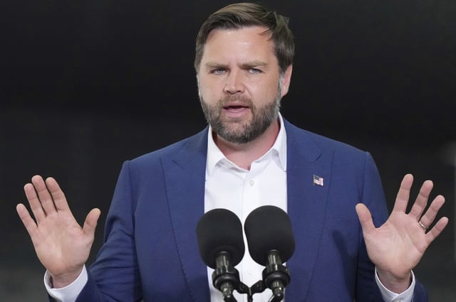 Vice President JD Vance speaks during a visit to airmen and family members of the 501st combat support wing at Royal Air Force Fairford in Gloucestershire, England, Wednesday, Aug. 13, 2025.