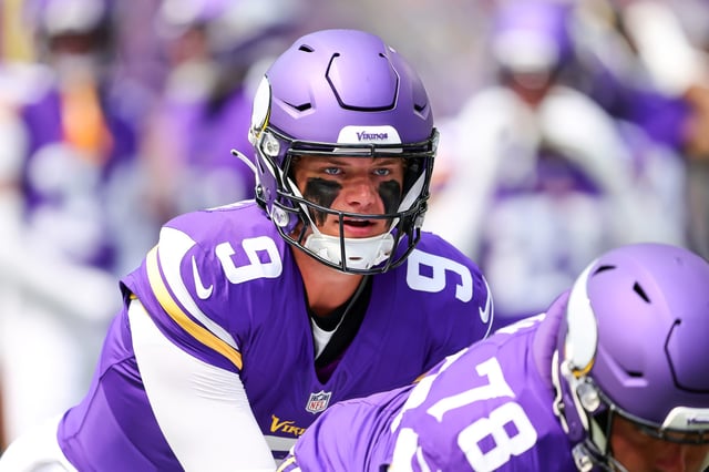 J.J. McCarthy #9 of the Minnesota Vikings looks on during the NFL Preseason 2025 game between Houston Texans and Minnesota Vikings at U.S. Bank Stadium on August 9, 2025 in Minneapolis, Minnesota.