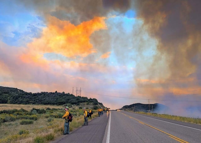 Firefighters battle the Lee and Elk fires on Monday, Aug. 11, 2025, in Rio Blanco County. As of the afternoon of Tuesday, Aug. 12, 2025, the Lee fire was 116,859 acres and 6% contained and the Elk fire was 14,549 acres with 30% containment. (Photo courtesy of Elk and Lee Fire Information)
