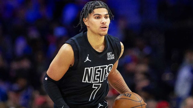 Feb 22, 2025; Philadelphia, Pennsylvania, USA; Brooklyn Nets guard Killian Hayes (7) controls the ball against the Philadelphia 76ers during the second quarter at Wells Fargo Center. Mandatory Credit: Bill Streicher-Imagn Images