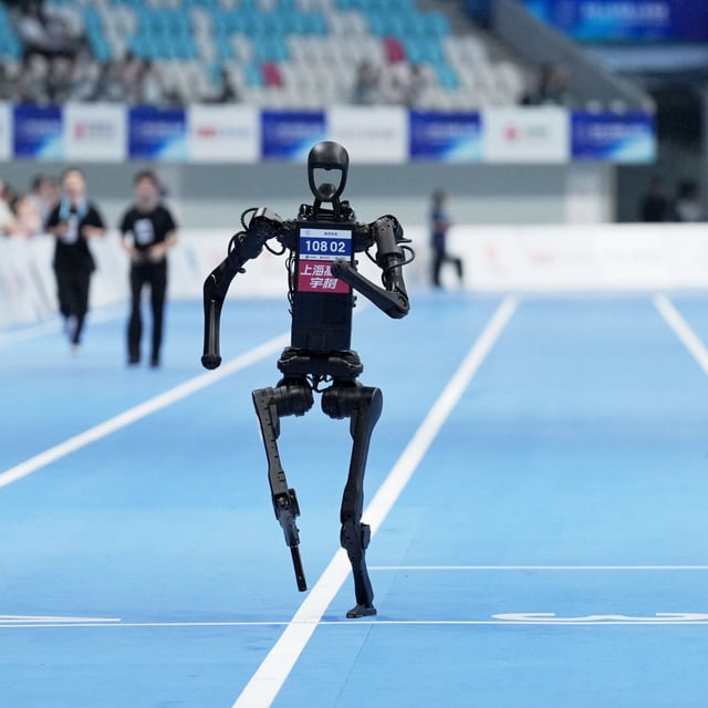 The Unitree H1 humanoid robot crossing the finish line of the 400m at the first World Humanoid Robot Games in China. 
