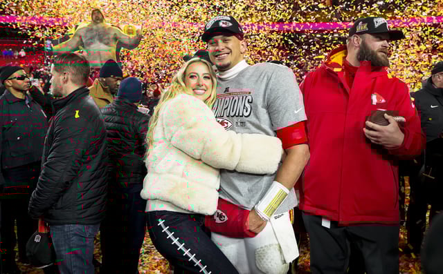 Patrick Mahomes #15 of the Kansas City Chiefs with his wife Brittany Mahomes on Jan. 26, 2025 in Kansas City, MO.