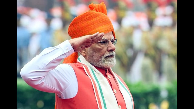 Prime Minister Narendra Modi salutes during address to the nation from the ramparts of Red Fort on 79th Independence Day. (ANI)
