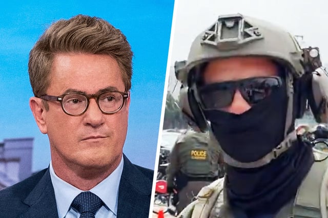  Joe Scarborough and a screenshot from video of a Border Patrol Officer outside Gavin Newsom's press conference on Aug. 4, 2025.