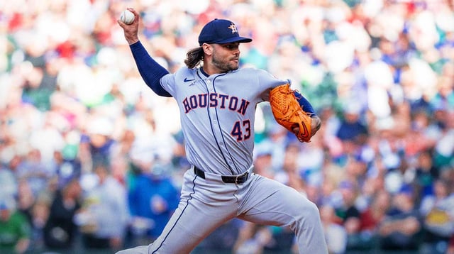 Jul 19, 2025; Seattle, Washington, USA; Houston Astros starter Lance McCullers Jr. (43) delivers a pitch during the first inning against the Seattle Mariners at T-Mobile Park. Mandatory Credit: Stephen Brashear-Imagn Images