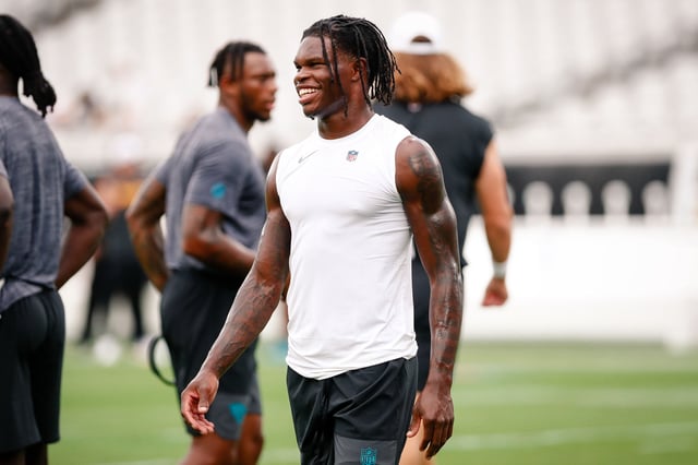 Aug 9, 2025; Jacksonville, Florida, USA; Jacksonville Jaguars wide receiver Travis Hunter (12) before a preseason game against the Pittsburgh Steelers at EverBank Stadium. Mandatory Credit: Travis Register-Imagn Images