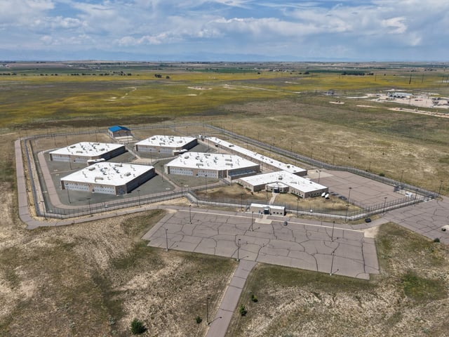 The closed Hudson Correctional Facility in Hudson, Colorado, photographed via drone on Thursday, Aug. 14, 2025. (Photo by Hyoung Chang/The Denver Post)