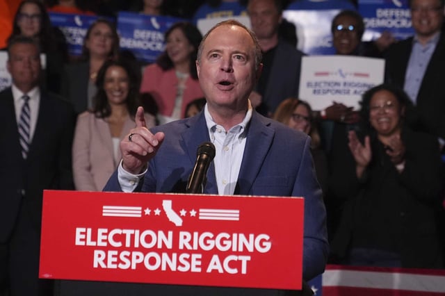 Sen. Adam Schiff, D-Calif., speaks during a news conference Aug. 14, 2025, in Los Angeles.