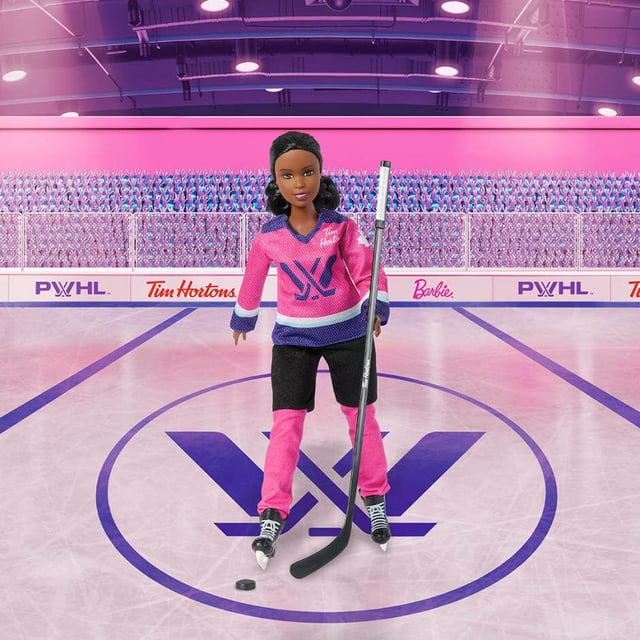 The PWHL and Tim Hortons recently launched a collaboration featuring Barbie dolls inspired by hockey superstars Sarah Nurse and Marie-Philip Poulin. Nurse's Barbie doll, complete with jersey, stick, skates and puck, is seen in an undated handout photo. THE CANADIAN PRESS/Handout - Tim Hortons (Mandatory Credit)