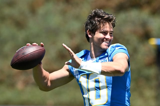 Chargers quarterback Justin Herbert throws a pass during practice at the team’s NFL football training camp, Wednesday, July 23, 2025, in San Diego. (AP Photo/Denis Poroy)