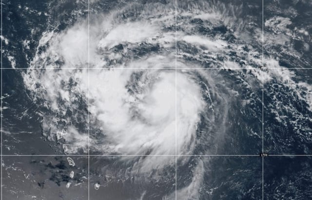This satellite image provided by NOAA shows Hurricane Erin on Friday, Aug. 15, 2025.  (NOAA via AP)