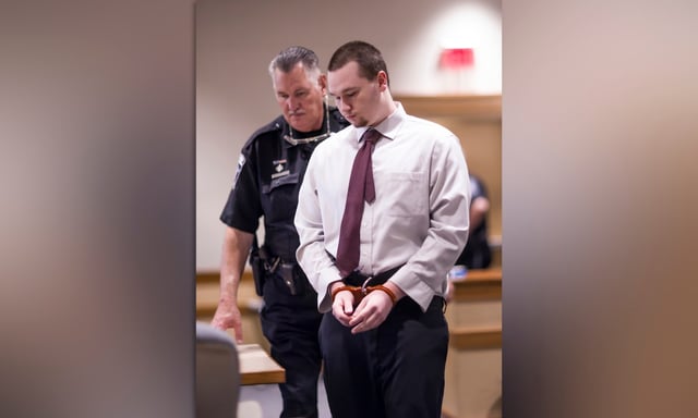 Eric Sweeney, accused of killing his sister-in-law and two young nephews when he was 16, enters court on Friday, Aug. 15, 2025 at Merrimack County Superior Court in Concord, N.H. (Geoff Forester/ Concord Monitor via AP, Pool)