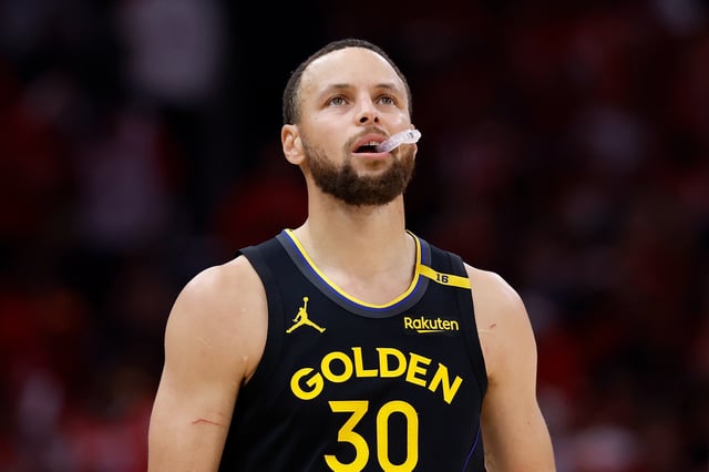 Stephen Curry #30 of the Golden State Warriors reacts in the second half against the Houston Rockets in Game Seven of the Western Conference First Round NBA Playoffs at Toyota Center on May 04, 2025 in Houston, Texas.