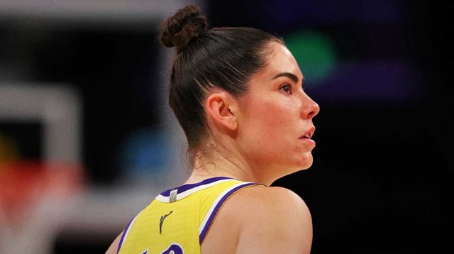 Aug 12, 2025; Los Angeles, California, USA; Los Angeles Sparks guard Kelsey Plum (10) looks on during the first half against the New York Liberty at Crypto.com Arena. Mandatory Credit: Kiyoshi Mio-Imagn Images