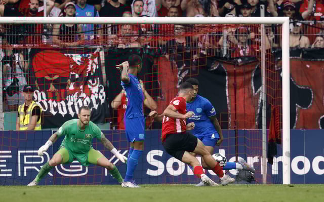 Soccer Football - DFB Cup - First Round - SG Sonnenhof Grossaspach v Bayer Leverkusen - WIRmachenDRUCK Arena, Aspach, Germany - August 15, 2025 SG Sonnenhof Grossaspach's Michael Kleinschrodt shoots at goal REUTERS/Heiko Becker