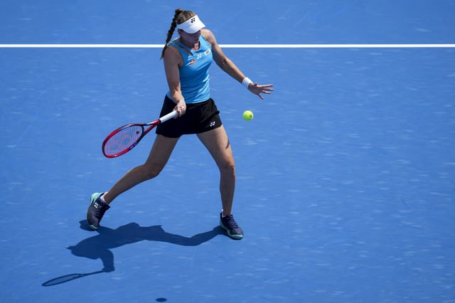 Aug 15, 2025; Cincinnati, OH, USA;  Elena Rybakina (KAZ) returns a shot against Aryna Sabalenka (BLR) during the Cincinnati Open at the Lindner Family Tennis Center. Mandatory Credit: Aaron Doster-Imagn Images