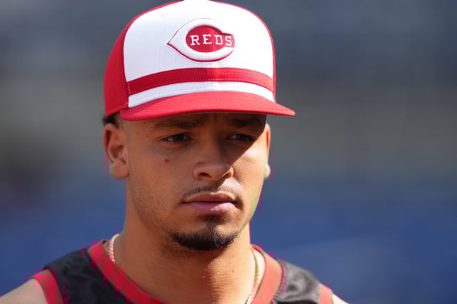 WASHINGTON, DC - JULY 21: Chase Burns #26 of the Cincinnati Reds looks on during batting practice prior to a baseball game against the Washington Nationals at Nationals Park on July 21, 2025 in Washington, DC.