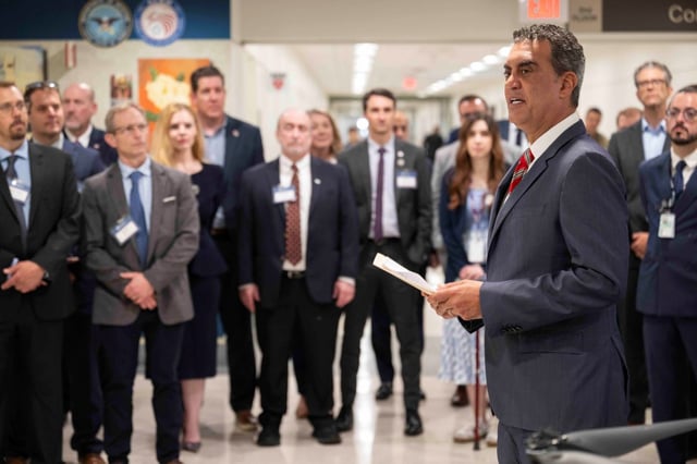 Undersecretary of Defense for Research and Engineering Emil Michael addresses the Department of Defense Manufacturing Technology Program Exhibition at the Pentagon on July 8 (DoD Photo)
