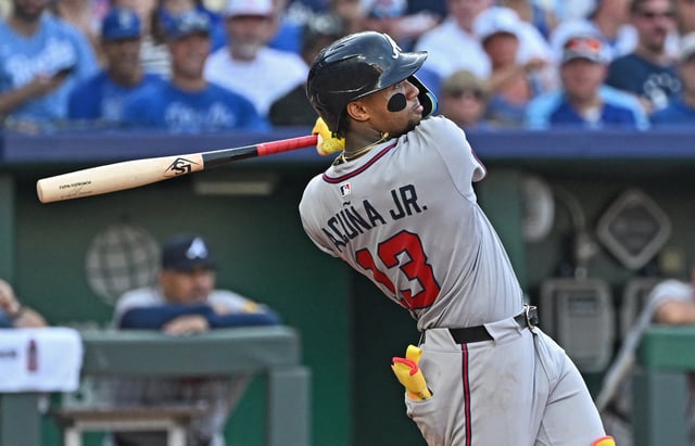 Jul 28, 2025; Kansas City, Missouri, USA;  Atlanta Braves right fielder Ronald Acuna Jr. (13) hits a two-run home run in the third inning against the Kansas City Royals at Kauffman Stadium. Mandatory Credit: Peter Aiken-Imagn Images/File Photo