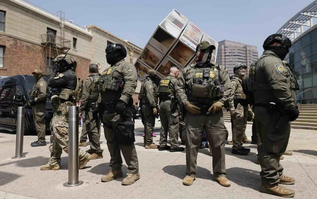 The US Border Patrol produced a show of force outside the Japanese American National Museum where California Governor Gavin Newsom was holding a redistricting press conference on Thursday, August 14, 2025, in Los Angeles.