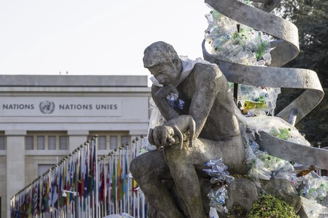 Plastic items are displayed at an artwork by Canadian artist and activist Benjamin Von Wong, titled "The Thinker's Burden", during the fifth session of the Intergovernmental Negotiating Committee on Plastic Pollution, at the European headquarters of the United Nations in Geneva, Switzerland, Friday, Aug. 15, 2025. (Martial Trezzini/Keystone via AP)