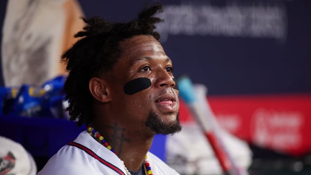 Jul 21, 2025; Atlanta, Georgia, USA; Atlanta Braves right fielder Ronald Acuna Jr. (13) in the dugout against the San Francisco Giants in the fourth inning at Truist Park. Mandatory Credit: Brett Davis-Imagn Images