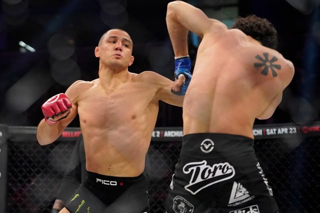 Aaron Pico lands a left on Adli Edwards during his third-round TKO victory in their 150-pound catchweight fight at Bellator 277 on April 15, 2022, in San Jose. (AP Photo/Jeff Chiu)
