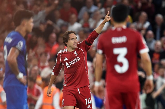 Soccer Football - Premier League - Liverpool v AFC Bournemouth - Anfield, Liverpool, Britain - August 15, 2025 Liverpool's Federico Chiesa celebrates scoring their third goal REUTERS/Peter Powell