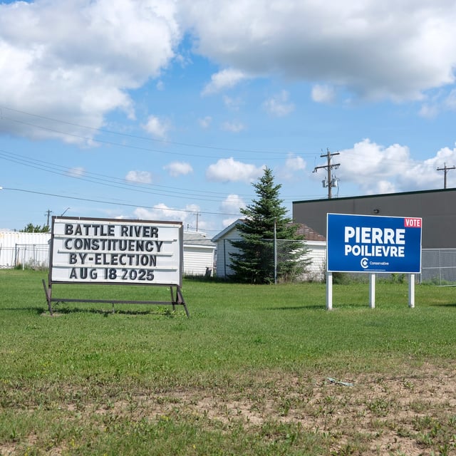 A Pierre Poilievre campaign sign and information board for the Battle River-Crowfoot Constituency By-Election, Tofield, Alberta. Photo taken August 11, 2025.