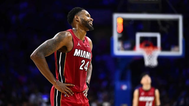 Feb 14, 2024; Philadelphia, Pennsylvania, USA; Miami Heat forward Haywood Highsmith (24) reacts against the Philadelphia 76ers in the second quarter at Wells Fargo Center. Mandatory Credit: Kyle Ross-USA TODAY Sports