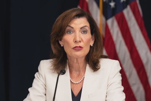 Governor Kathy Hochul, speaking at a meeting earlier this week.