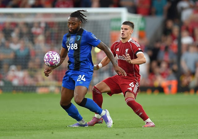 Soccer Football - Premier League - Liverpool v AFC Bournemouth - Anfield, Liverpool, Britain - August 15, 2025 AFC Bournemouth's Antoine Semenyo in action with Liverpool's Milos Kerkez REUTERS/Peter Powell