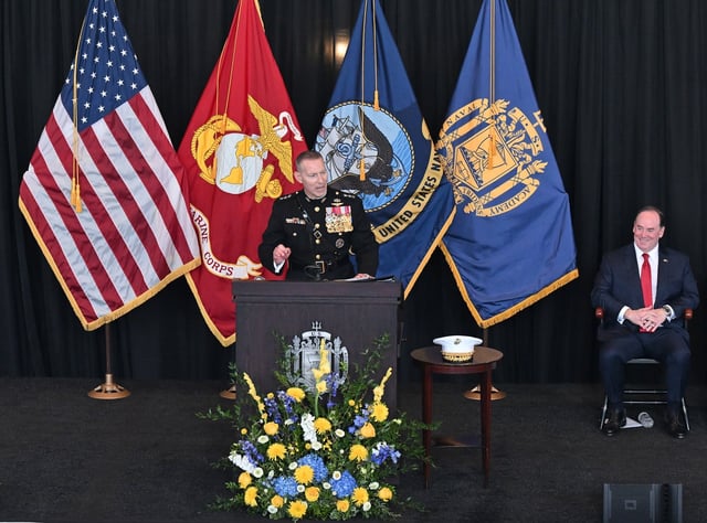 New Superintendent Lt. General Michael J. Borgschulte, United States Marine Corps gives remarks. The United States Naval Academy holds a Change of Command Ceremony for outgoing Superintendent Vice Admiral Yvette M. Davids, United States Navy and welcoming new Superintendent Lt. General Michael J. Borgschulte, United States Marine Corps. (Paul W. Gillespie/Staff)