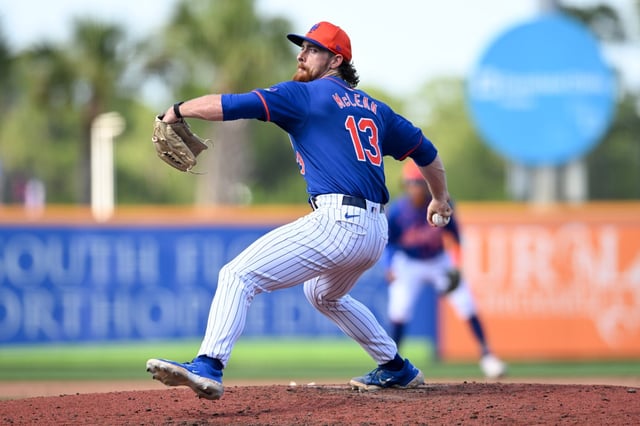 Nolan McLean #13 of the New York Mets throws a pitch during the fifth inning of a spring training Spring Breakout game against the Washington Nationals at Clover Park on March 15, 2024 in Port St. Lucie, Florida. (Photo by Nick Cammett/Diamond Images via Getty Images)